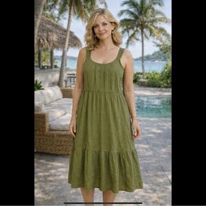 Time and Tru Olive Green Cotton Travel Midi Dress Size Large
